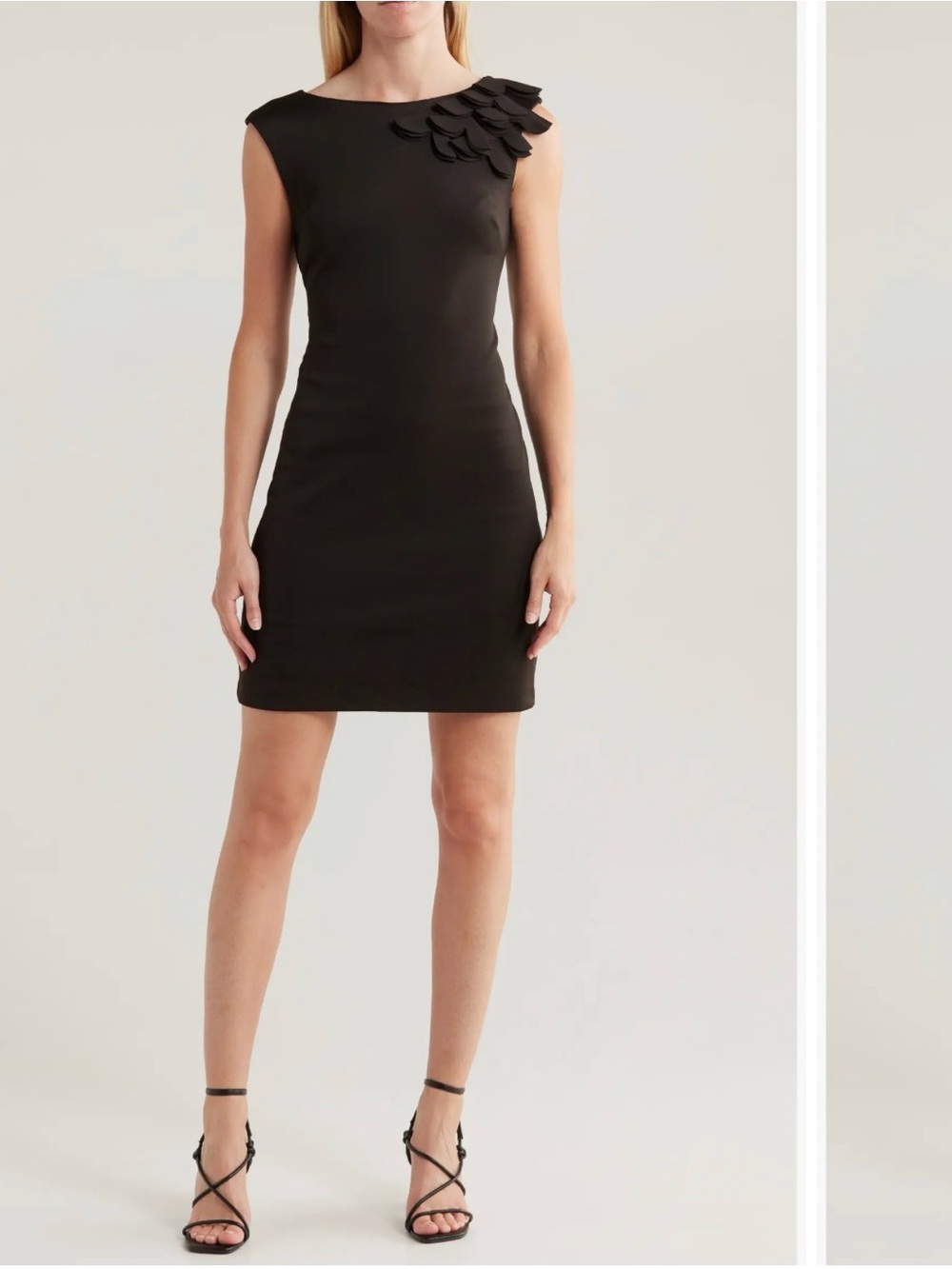 Donna Ricco Black Sleeveless Mini Dress with Petal Shoulder Detail